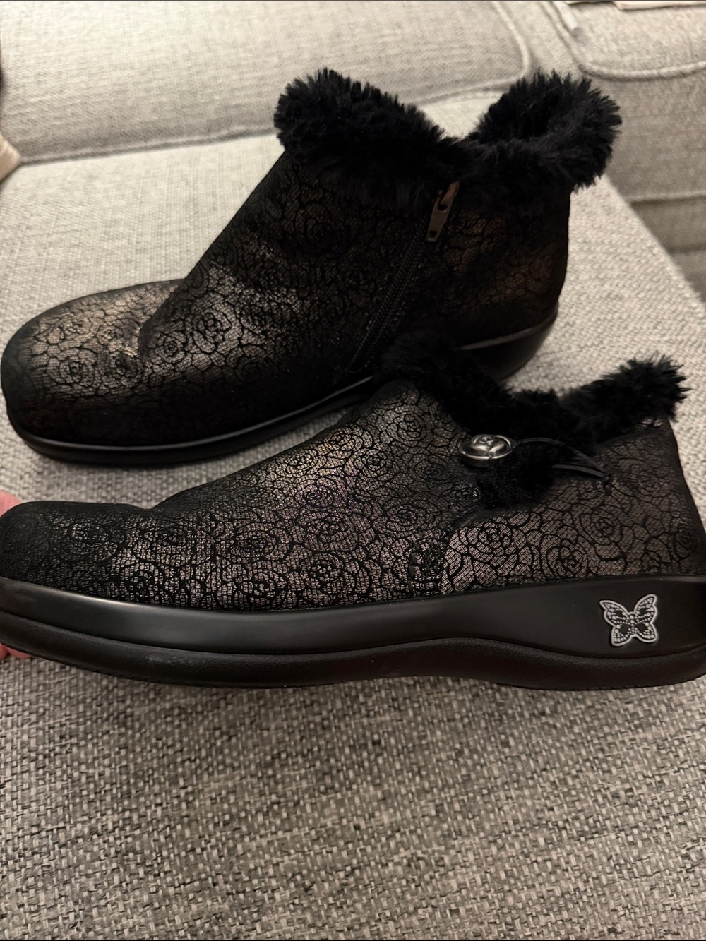 Alegria Meri Black Florette Roses Leather Ankle Boots Faux Fur Trim EU 41